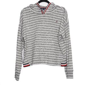 Tommy Hilfiger Womens Pullover Hoodie Size XL Grey White Striped Preppy Classic‎
